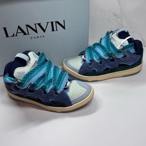 Lanvin Curb Skate Shoes Blue Green Suede Leather Braided Laces Sneakers
